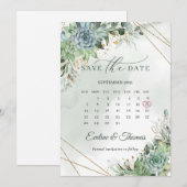 ほこりっぽい緑と青の多肉植物 ゴールド セーブ・ザ・デート (正面/裏面)