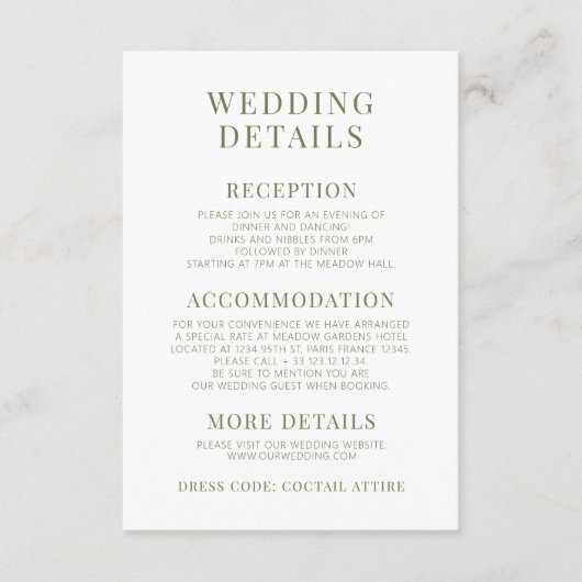 ほこりっぽい緑のオリーブの木の枝結婚の詳細カード エンクロージャーカード (正面)