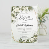 ほこりっぽい緑のオリーブの葉ホワイトローズ金ゴールドフレーム 招待状 (スタンド正面)