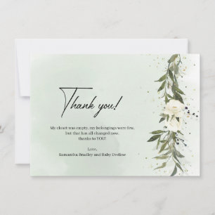 ほこりっぽい緑のオリーブの葉緑の白いバラ サンキューカード