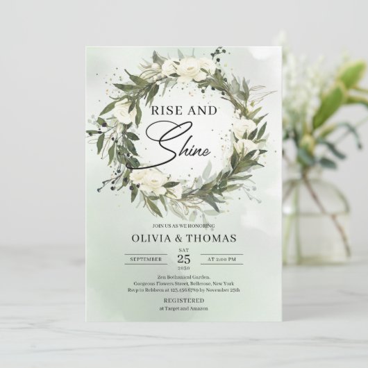 ほこりっぽい緑のオリーブリースフローラの上昇と輝き 招待状 (スタンド正面)