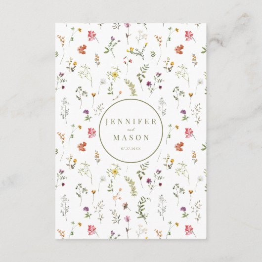 ほこりっぽい緑のカラフルの結婚ワイルドフラワーの名刺 エンクロージャーカード (裏面)