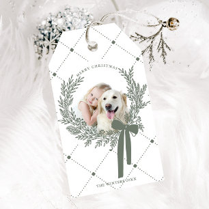 ほこりっぽい緑のクリスマスリース写真 ギフトタグ