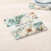 ほこりっぽい緑のクリーム花の誕生日の名前 スクエアペーパーコースター (アングル)