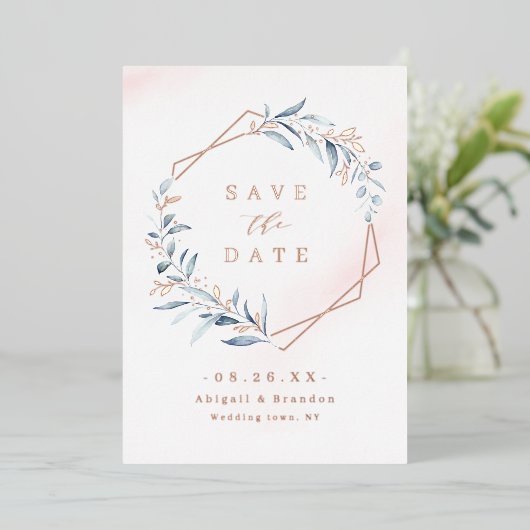 ほこりっぽい緑のバラ金ゴールド幾何学日付を保存 箔招待状 (立ち正面)