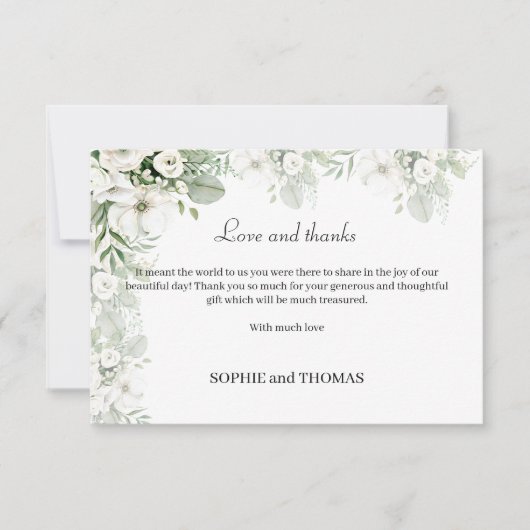ほこりっぽい緑のフローラバラ水結婚色の サンキューカード (正面)