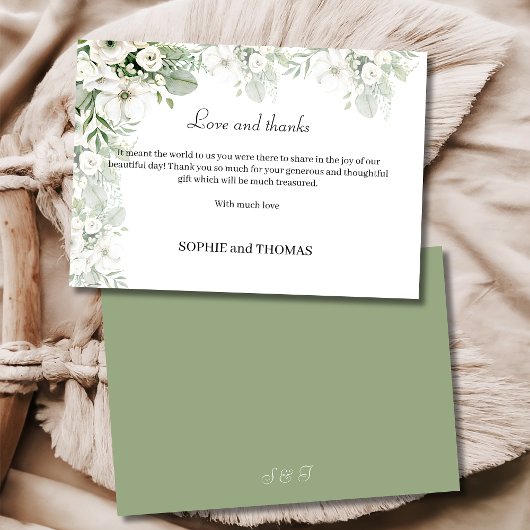 ほこりっぽい緑のフローラバラ水結婚色の サンキューカード