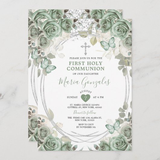 ほこりっぽい緑のフローラ最初の聖餐式 招待状 (正面/裏面)