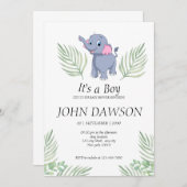 ほこりっぽい緑のベビー象それが男の子のシャワーである 招待状 (正面/裏面)