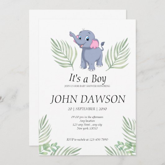 ほこりっぽい緑のベビー象それが男の子のシャワーである 招待状 (正面/裏面)