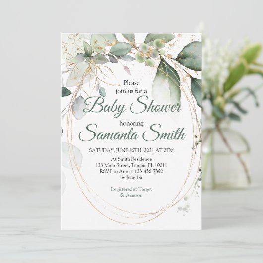 ほこりっぽい緑のユーカリ緑の赤ちゃんシャワー 招待状 (スタンド正面)