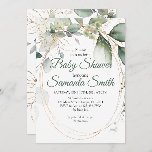 ほこりっぽい緑のユーカリ緑の赤ちゃんシャワー 招待状 (正面/裏面)