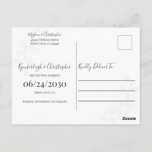 ほこりっぽい緑の幾何学的なアーチ結婚式の日付を保存 ポストカード (裏面)