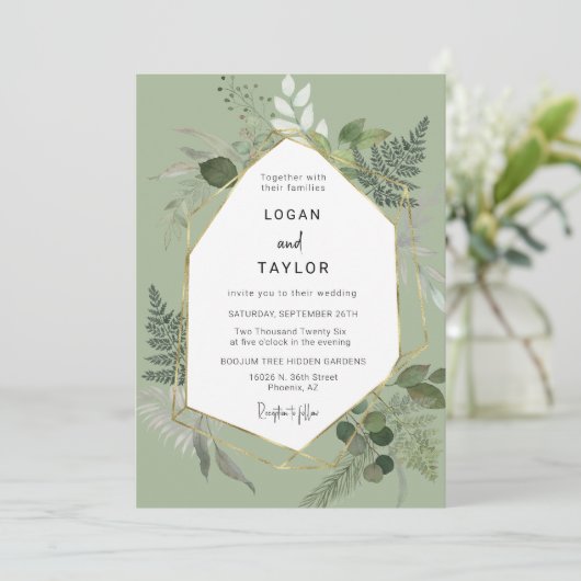 ほこりっぽい緑の植物緑の金ゴールドQRコード写真 招待状 (スタンド正面)