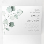 ほこりっぽい緑の水の色ユーカリ葉ス結婚の 三つ折り招待状 (内部最初)