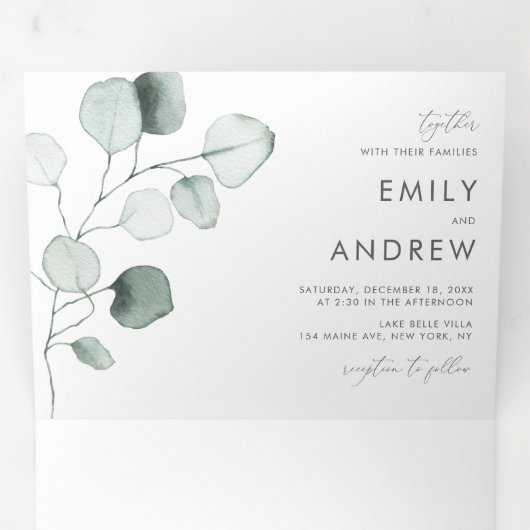 ほこりっぽい緑の水の色ユーカリ葉ス結婚の 三つ折り招待状 (内部最初)