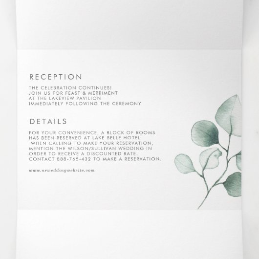 ほこりっぽい緑の水の色ユーカリ葉ス結婚の 三つ折り招待状 (内部中)