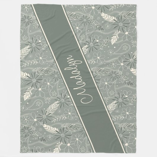 ほこりっぽい緑の羽の花の模様 フリースブランケット (正面)