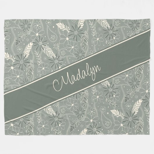 ほこりっぽい緑の羽の花の模様 フリースブランケット (正面(横))