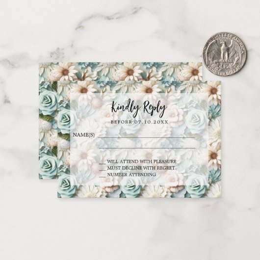ほこりっぽい緑の花模様結婚の応答RSVP ノートカード (正面/裏面インサイチュ)