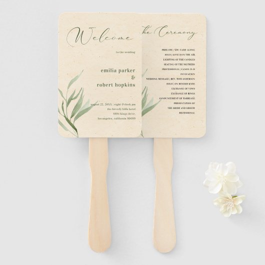 ほこりっぽい緑の葉ベージュクラフト紙 ハンドファン (正面&裏面)