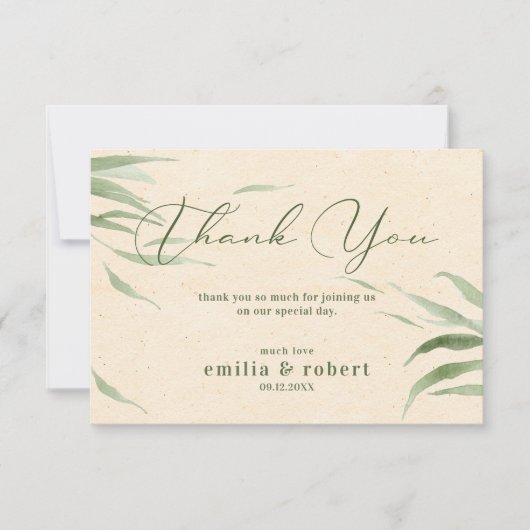 ほこりっぽい緑の葉、ベージュ紙、ありがとう サンキューカード (正面)