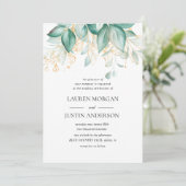 ほこりっぽい緑の金ゴールドユーカリ結婚カリ 招待状 (スタンド正面)