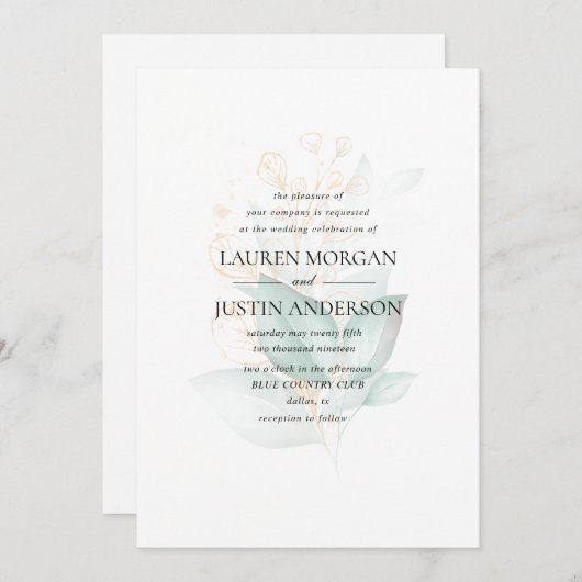 ほこりっぽい緑の金ゴールドユーカリ結婚カリ 招待状 (正面/裏面)