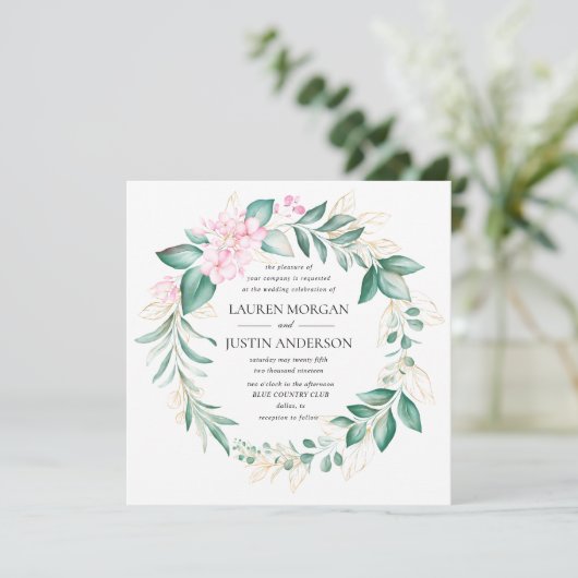 ほこりっぽい緑の金ゴールドユーカリ結婚カリ 招待状 (スタンド正面)