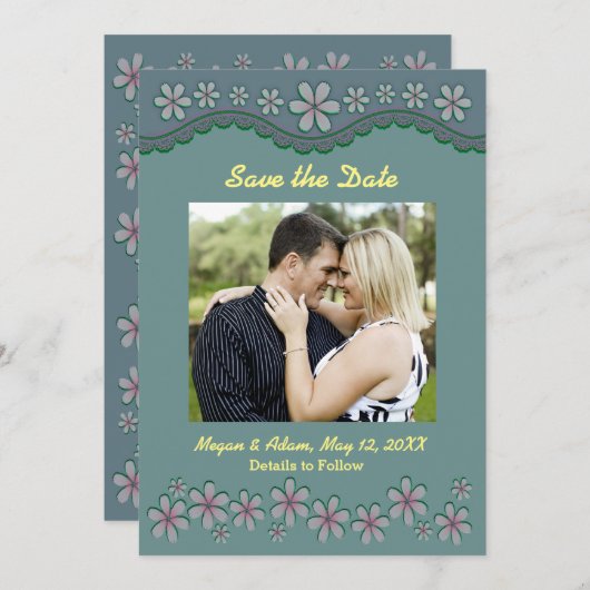 ほこりっぽい緑の6花びら花日付カードを保存 セーブザデート (正面/裏面)