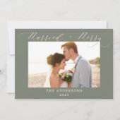 ほこりっぽい緑メリーの結婚した結婚写真のクリスマス サンキューカード (正面)
