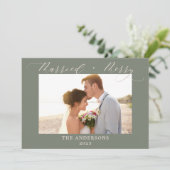 ほこりっぽい緑メリーの結婚した結婚写真のクリスマス サンキューカード (スタンド正面)