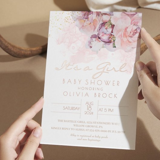 ほこりっぽい花ゴールドフォイルモダンベビーシャワー招待状 箔招待状ポストカード