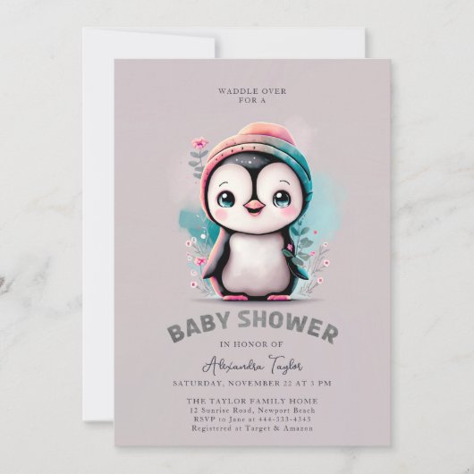 ほこりっぽい薄紫かわいいペンギン冬の女の子ベビーシャワー 招待状 (正面)