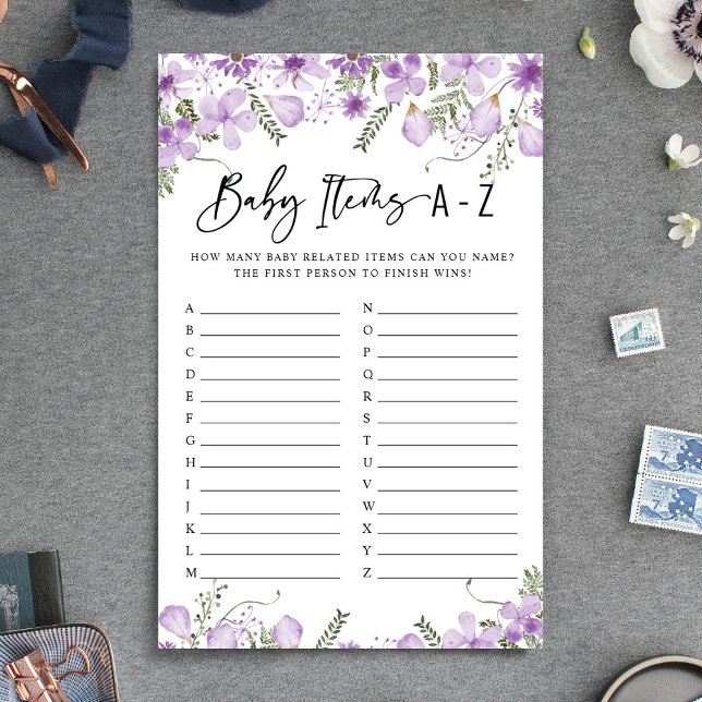 ほこりっぽい薄紫花模様ベビーアイテム赤ちゃんシャワーゲーム (クリエイターアップロード済み)