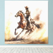 ほこりっぽい西の水の色カウボーイライディングマスタング キャンバスプリント (インサイチュ (ウッドフロア))