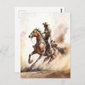 ほこりっぽい西の水の色カウボーイライディングマスタング ポストカード (正面/裏面)