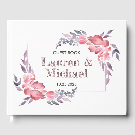 ほこりっぽい赤い水色の春花のフローラ結婚の ゲストブック (正面)