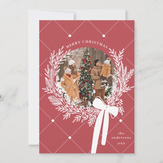 ほこりっぽい赤と白のクリスマスリース写真 シーズンカード (正面)