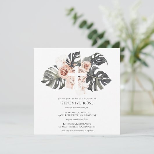 ほこりっぽい赤面バラクロスバプティスガール招待状 招待状 (スタンド正面)