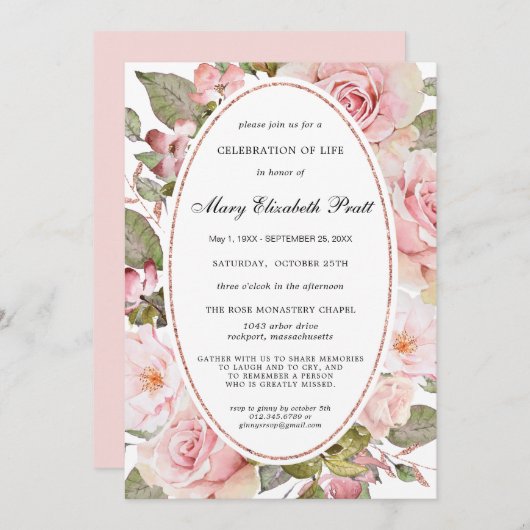 ほこりっぽい赤面ピンクフローラお祝いオブライフインヴィータ 招待状 (正面/裏面)