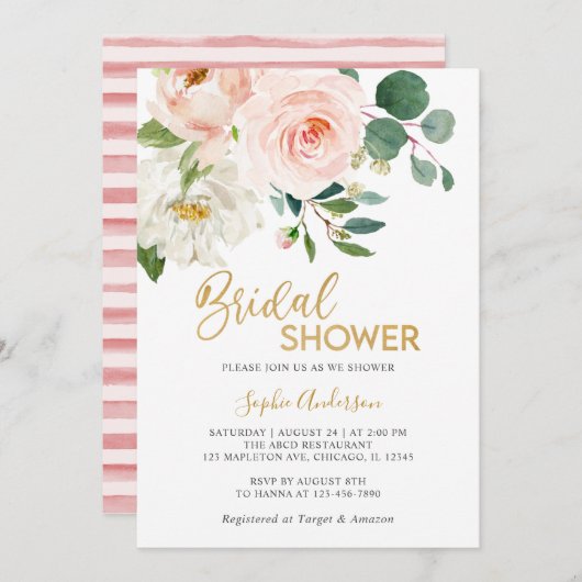 ほこりっぽい赤面ピンク金ゴールドフローラブライダルシャワー 招待状 (正面/裏面)