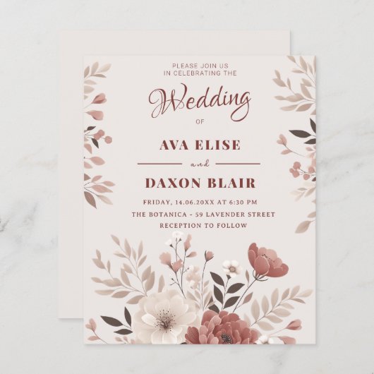 ほこりっぽい赤面フローラ予算結婚式招待状 (正面/裏面)