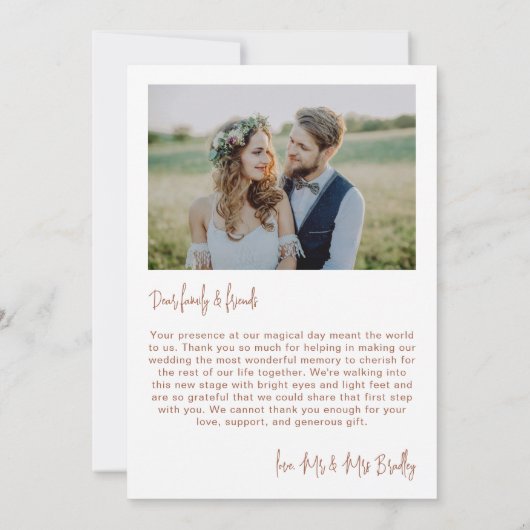 ほこりっぽい赤面ロマンパーソナライズされたコフォト結婚ズ サンキューカード (裏面)