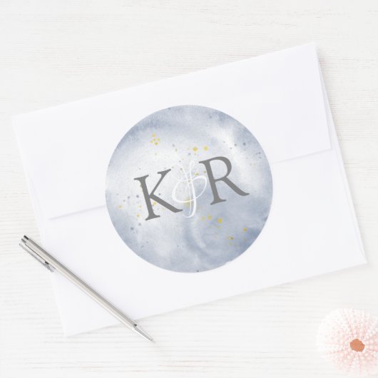 ほこりっぽい金ゴールドとブルーウォーター結婚カラーのモノグラム ラウンドシール (封筒)