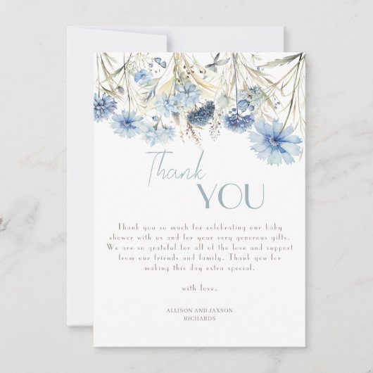 ほこりっぽい青あじさいエレガント赤ちゃんシャワー サンキューカード (正面)