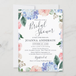 ほこりっぽい青あじさいピンクのバラブライダルシャワー 招待状