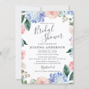 ほこりっぽい青あじさいピンクのバラブライダルシャワー 招待状
