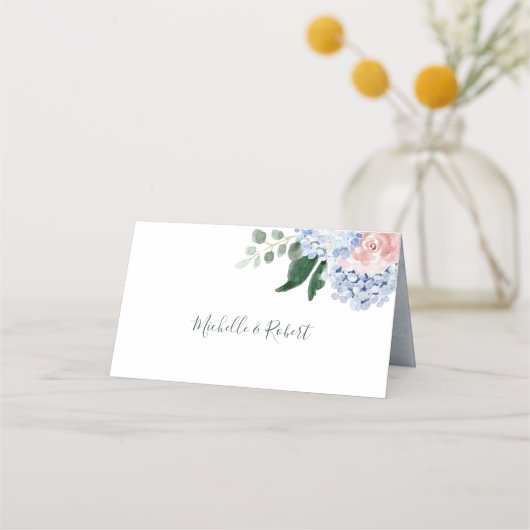 ほこりっぽい青あじさいピンクのバラ座席表 プレイスカード (裏面)