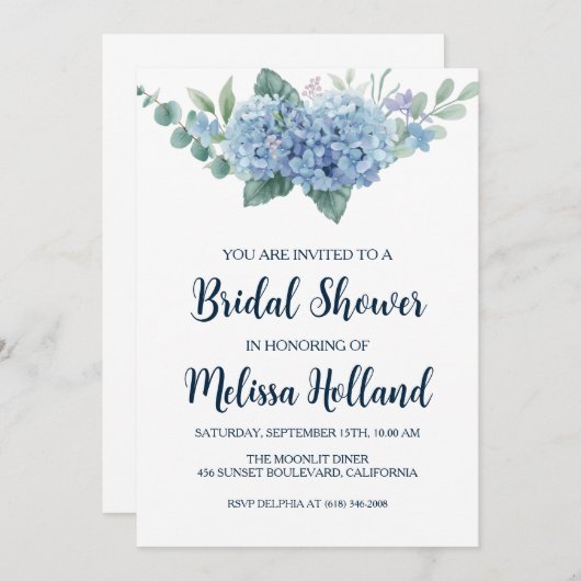 ほこりっぽい青あじさいブライダルシャワー招待状 招待状 (正面/裏面)
